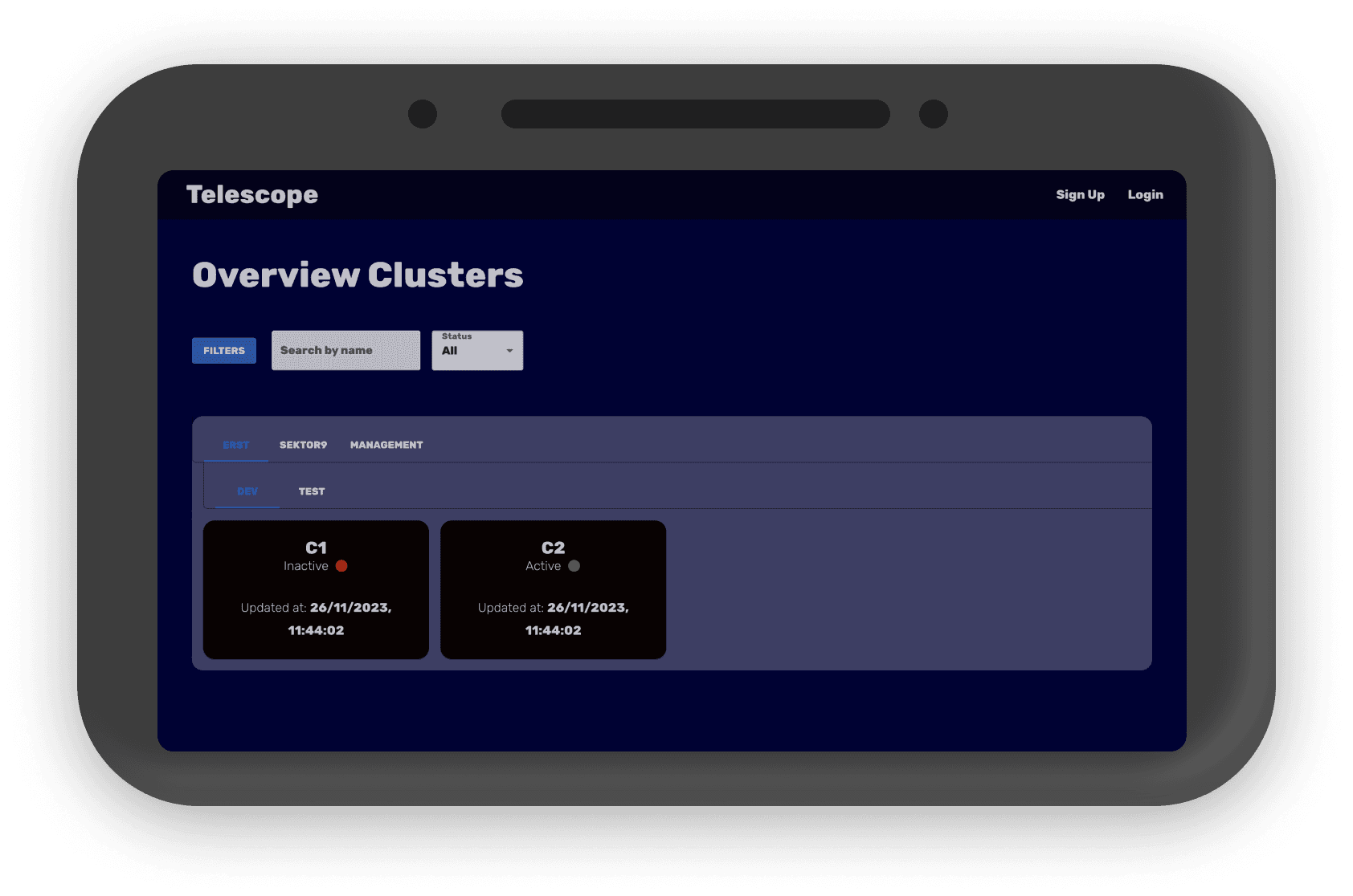 Telescope cluster detail view with versions and live filters